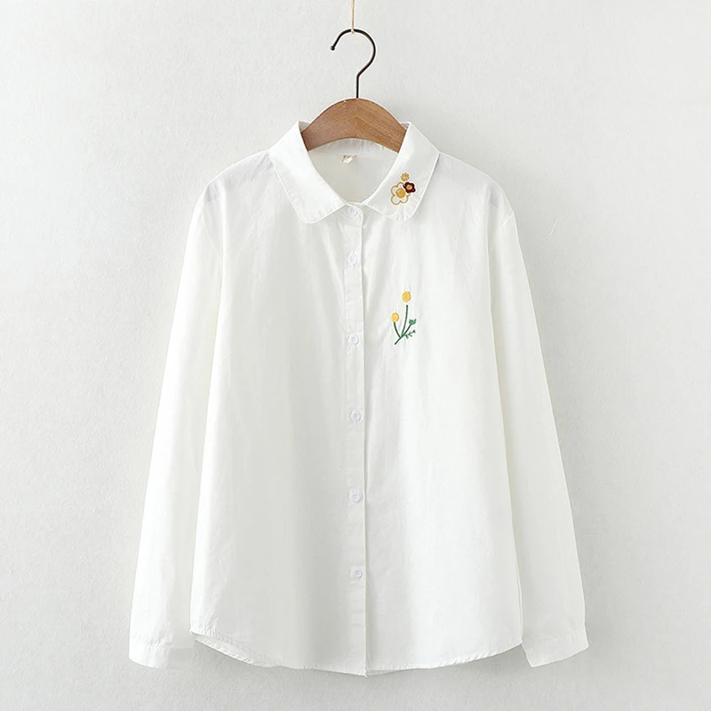 Spring Autumn Women Clothing Sunflower Embroidered Preppy Girl Tops White Color Casual Sweet Female Cotton Shirts & Blouses U351