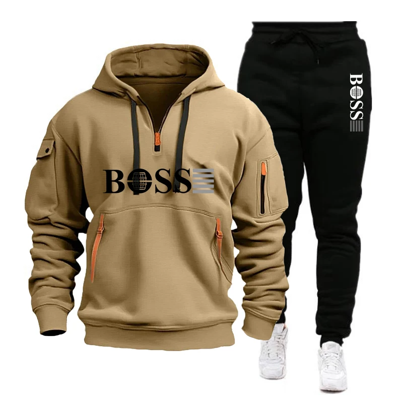 

2025 Men's new multi-zipper long-sleeved hooded pullovers and casual pants 2 sets of autumn and winter fitness jogging sets