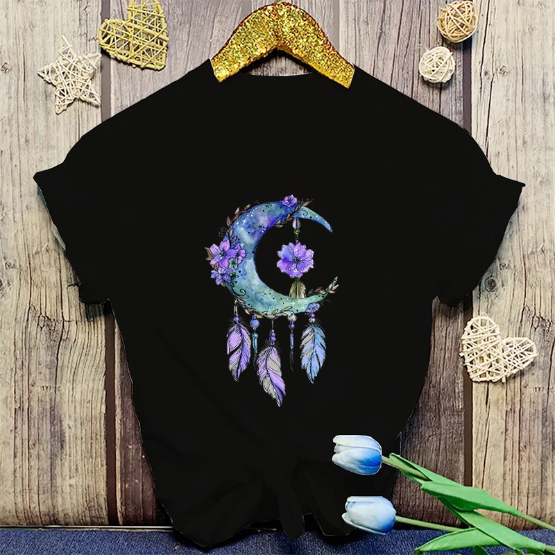 New Moon Dream Catcher Print T-Shirts For Women Men Summer Tee Shirt Harajuku Casual Round Neck Short Sleeve Tops