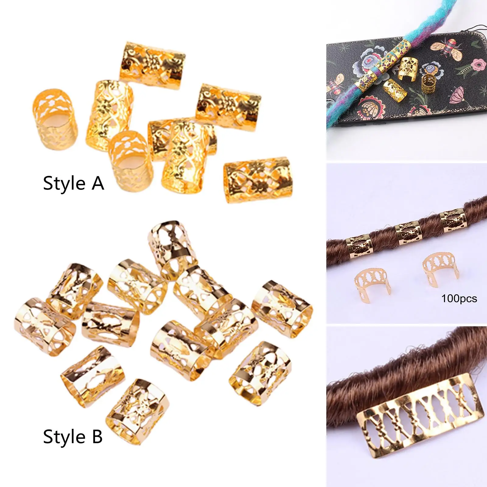 100 Pieces Dreadlocks Beads Fashion Metal Cuffs for Braids Beard Decoration
