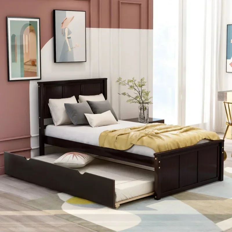 Platform Bed with Twin Size Trundle\  Twin Size Frame\  Espresso (New SKU:WF283063AAP) Espresso Pine [US Stock]