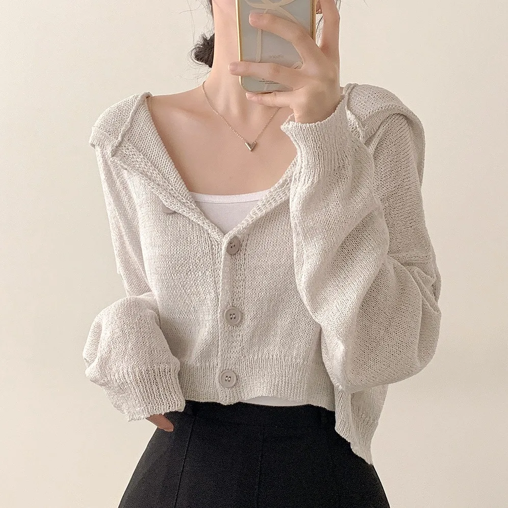 

Loose Korean Style Long Sleeve Knitted Cardigan Women's Thin Sun Protection Pure Color Hooded Open-Shirt Coat Spring Summer