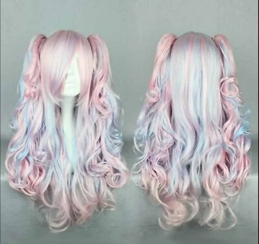 

70cm Long Pink Mixed Blue Curly Clip-In Ponytails Lolita Style Cosplay Wig