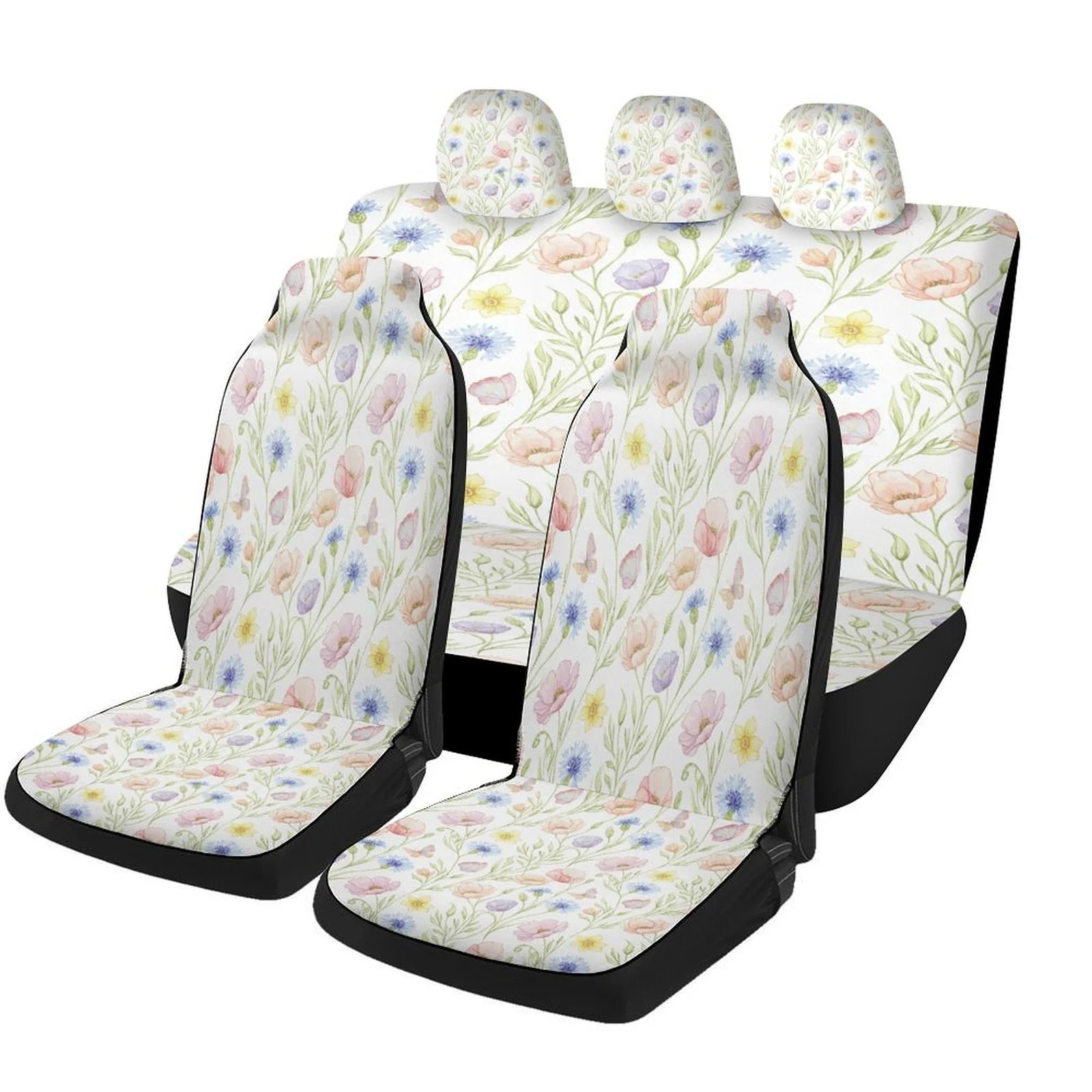 Set Of Car Seat Covers Featuring A Floral Design, Suitable For A Wide Range Of Vehicles. Stylish And Durable, This Complete Set