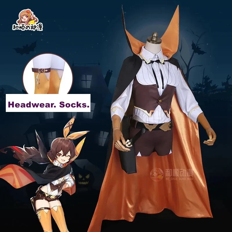 

Anime Game Genshin Impact Cosplay Suit Halloween Pumpkin Theme Amber Costumes Adult Cape Shirt Vest Pants Socks Headwear Set