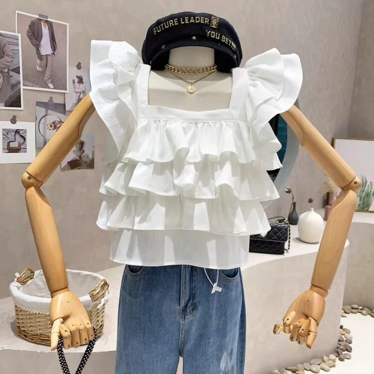 Blouses Blusas Mujer De Moda 2024 Summer Crop Tanks Top Ruffled Doll Shirts Solid Flying Sleeve Chemise Femme Women White