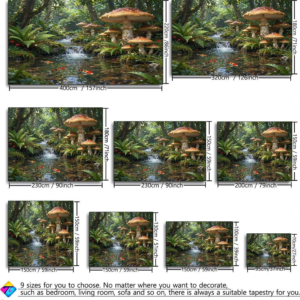 2D printed tapestry of river mushrooms, machine washable, suitable for wall decoration in bedrooms, study rooms, and living room