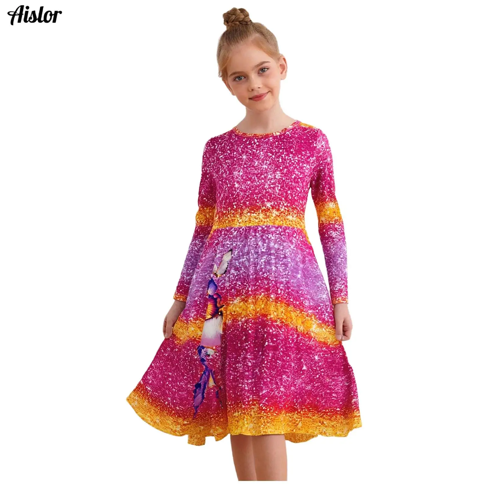 

Kids Girls Dress Butterfly Printed Gradient Color Bohemia Long Dress Round Neck Long Sleeve Dress for Birthday Party Beachwear