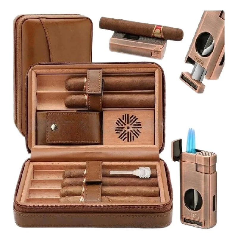 

Portable Cigar Case Travel Carrying Pu Leather Pouch Cedar Wood Inner Tray Detachable Humidifier Cutter Ideal Gift for Smokers