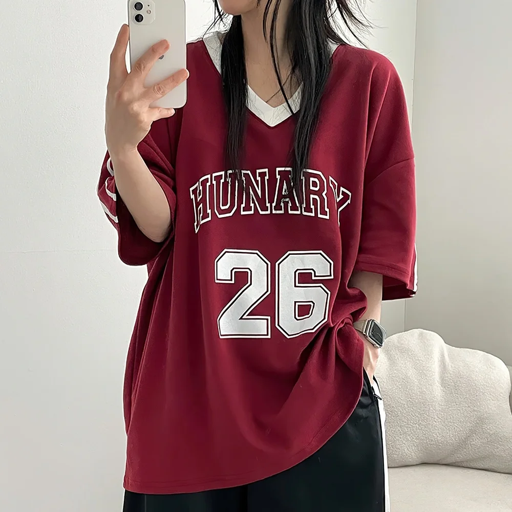 

New Popular Fashion Street Sports Tops Loose Short-sleeved Women's Tops T-shirts All-match High Street Retro Sports T-shirt