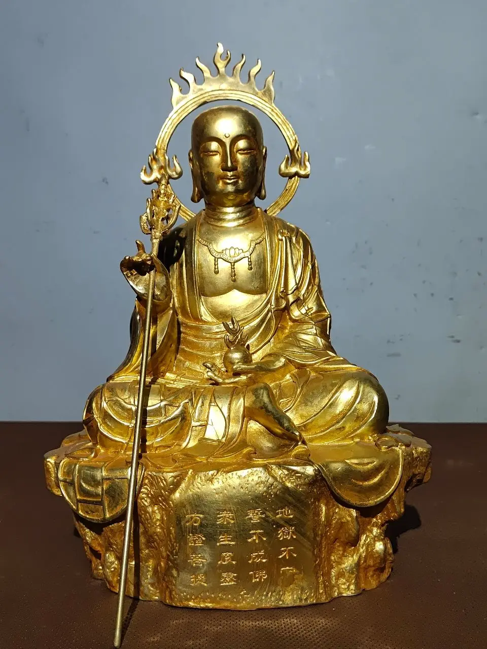 

11"Tibetan Temple Collection Old Bronze Gilded Backlight Ksitigarbha Bodhisattva Jizo worship buddha Town house Exorcism