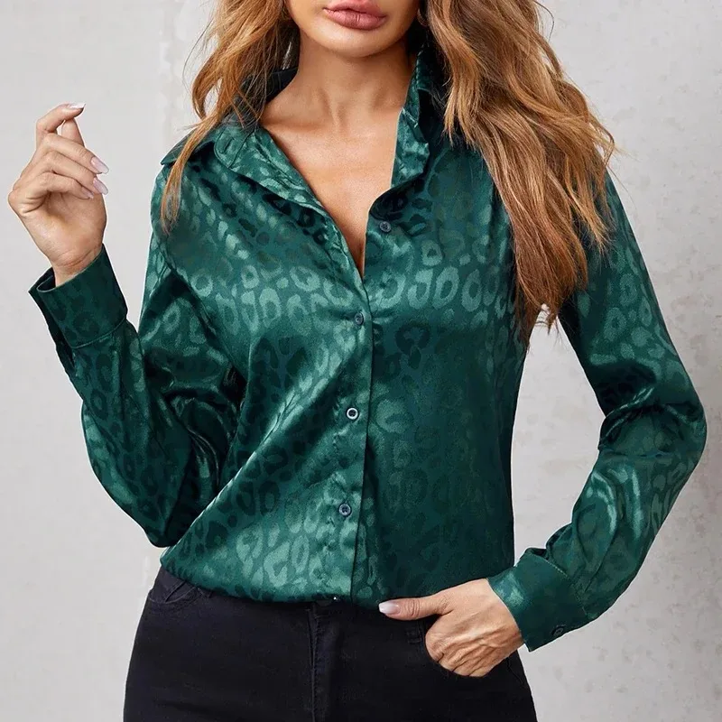 Fashion Leopard Print Jacquard Blouse Elegant Office Lady Long Sleeve Turn Down Collar Button Shirt Spring New Tops Blusas 19169