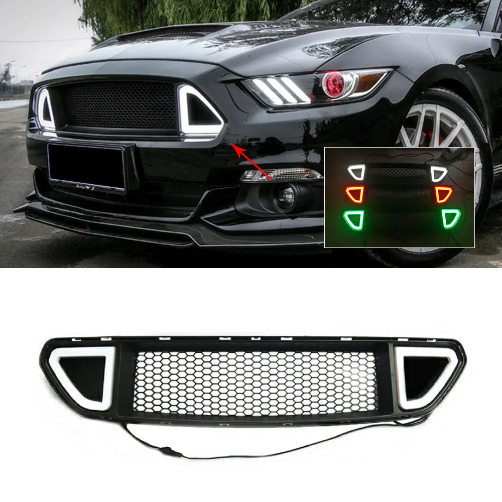 Car Front Bumper Mesh Grille Facelift Honeycomb Cover For Ford Mustang 2015 2016 2017 With White Red Green LED Light Lamp Grill