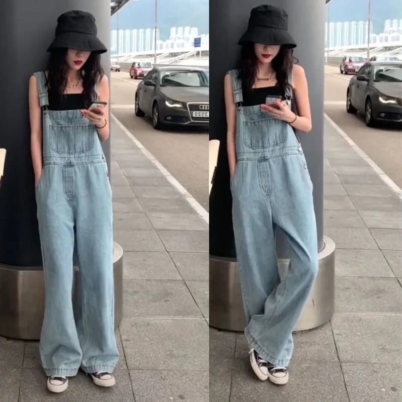 

DenimShoulder Strap Wide Leg Mop Pants Loose Fashion High Waisted Versatile For Commuting Korean Version Pantst 2024 New