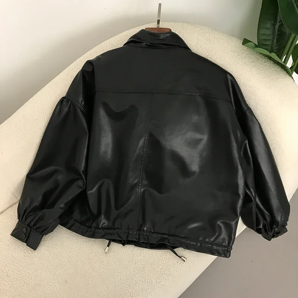 2025 manteau en simili cuir printemps PU bomber veste femmes simple boutonnage ample à la mode plissé dame revers solide coupe-vent vêtements d'extérieur