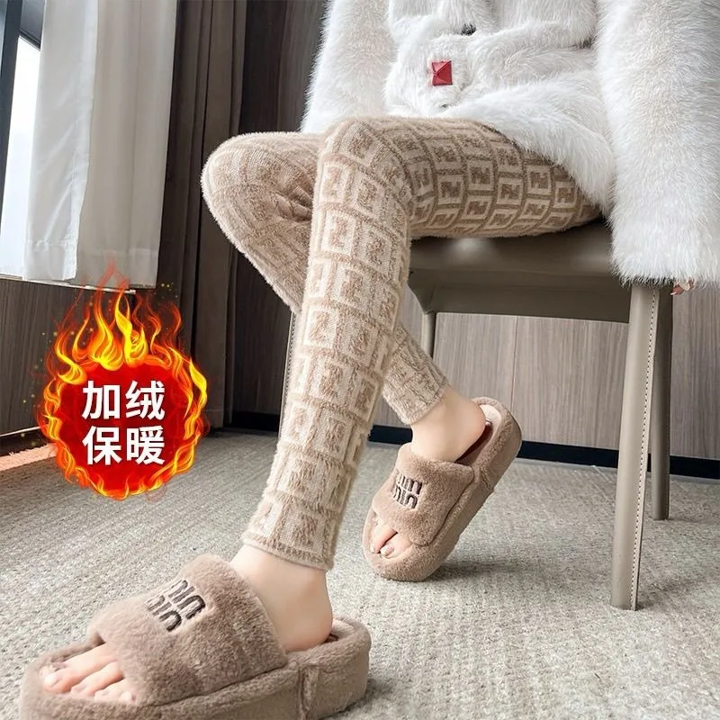 Dick gestrickte warme Nerz-Pelz-Leggings, Herbst-Winter, hohe Taille, schlankmachende, elastische, lässige Leggings