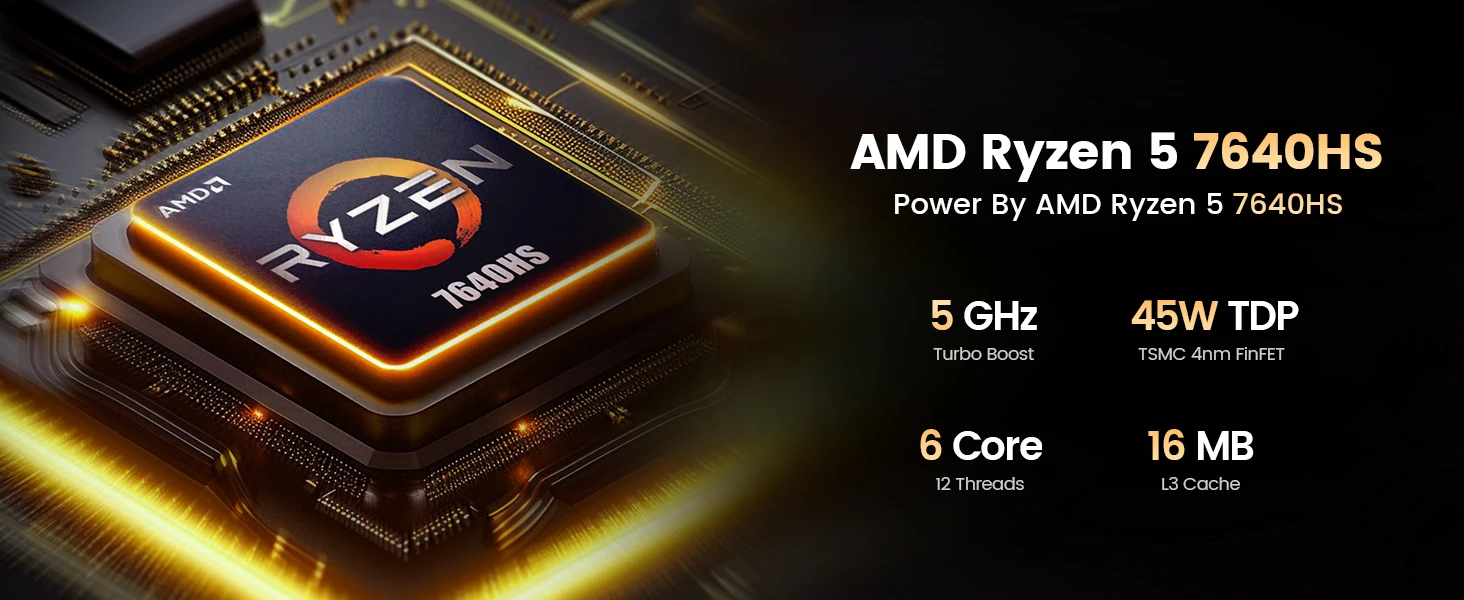 PELADN Gaming WO-4 Mini PC AMD Ryzen 5 7640HS (6 Cores, Up to 5.0GHz) 32GB Dual DDR5 1TB PCIe3.0 SSD Quadruple 4k Display Support