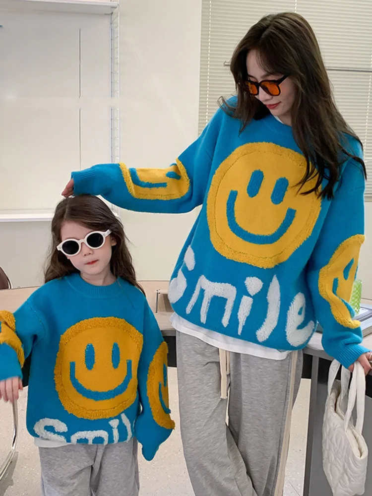 

Children's Clothing Winter New Smiley Sweater Thickened Warm Mother and Daughter Clothing Small and Medium Children's Trendy