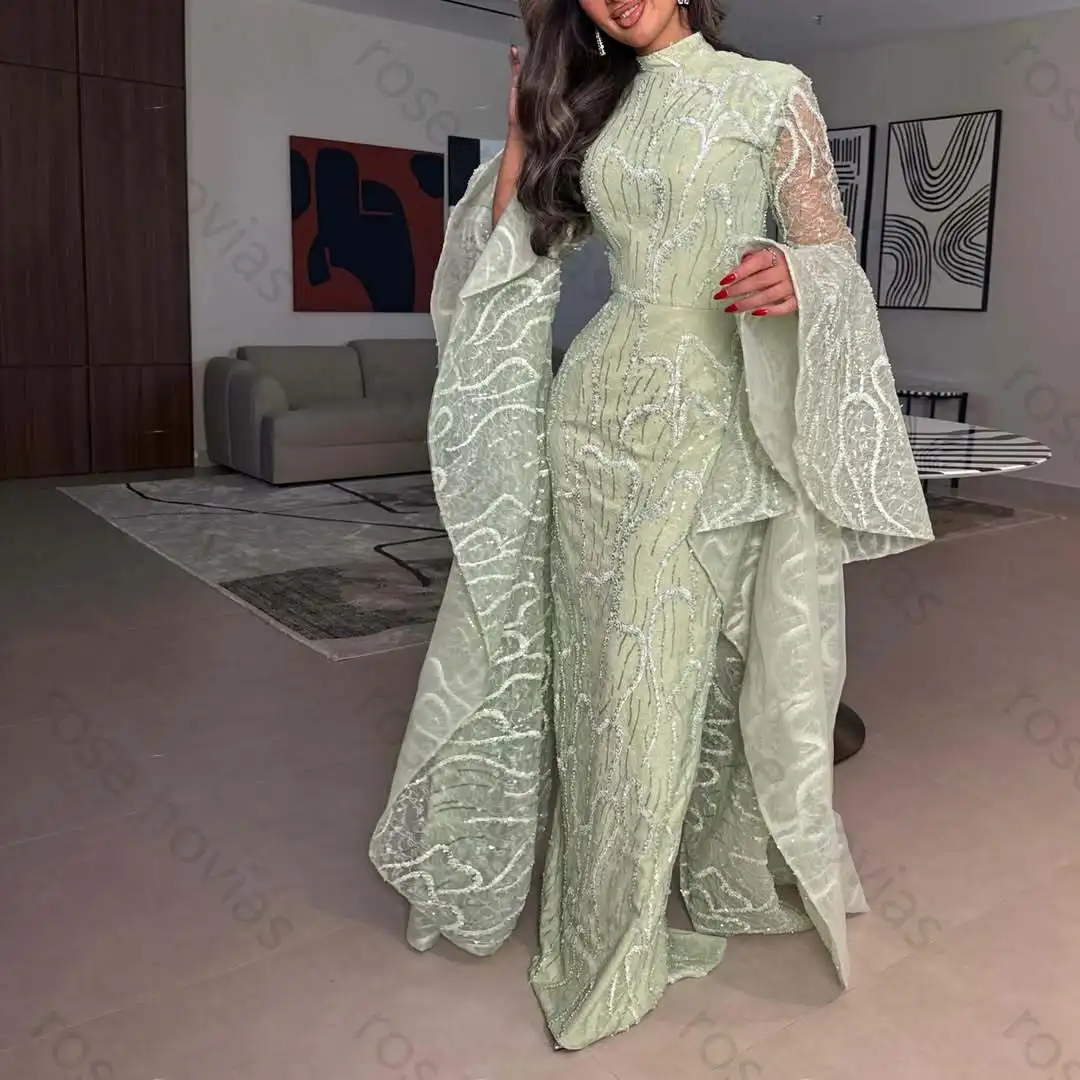 Maßgeschneidertes Mintgrünes Perlenbesetztes Hochgeschlossenes Glockenärmel-Maxikleid für Damen 2026 Luxuriöses Formelles Arabisches Hochzeitsgast-Kleid