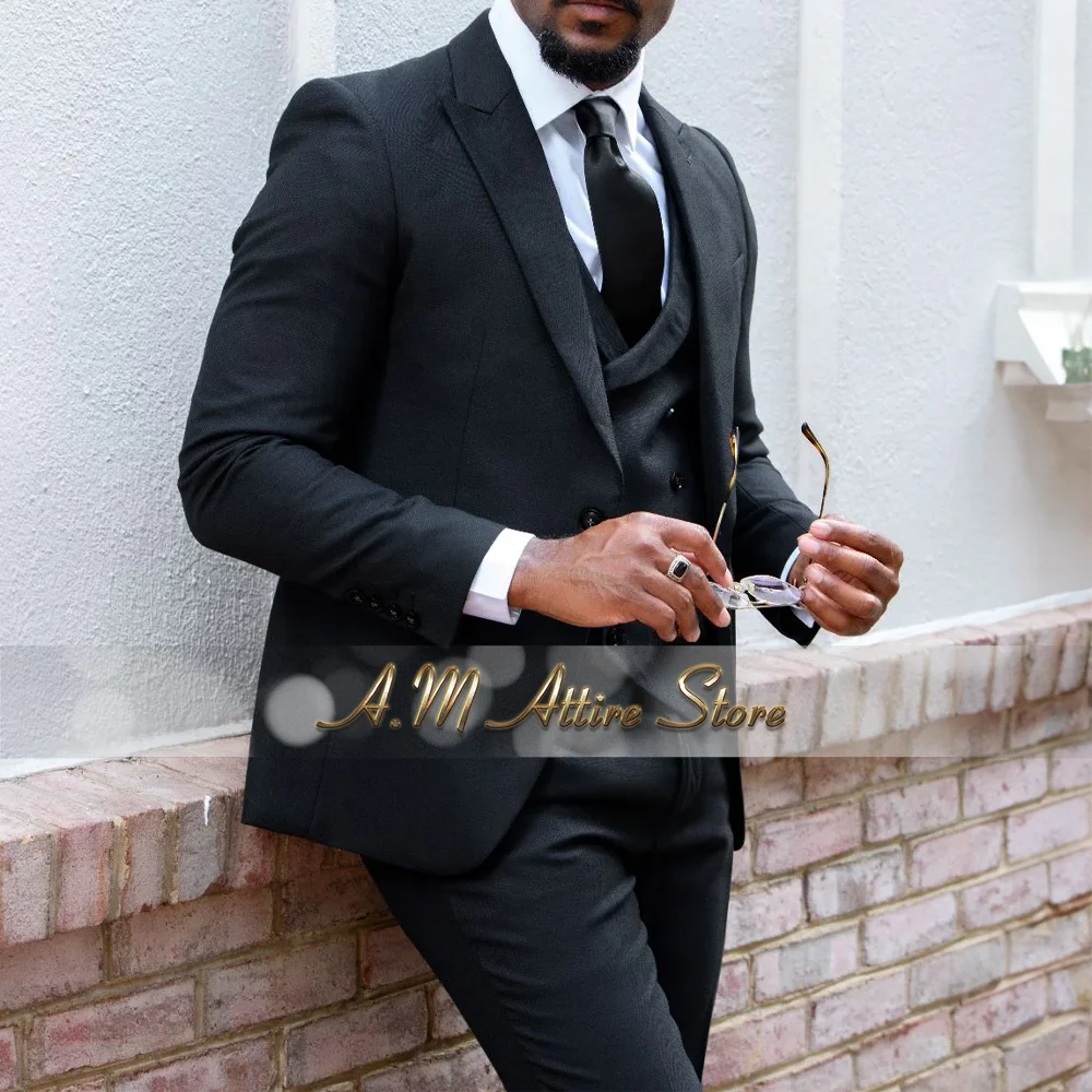 

Managerial Solid Color Black Suit Men's 3 Piece Set Peak Lapel Jacket Vest Pants Modern Slim Fit for Wedding Groom Formal Events