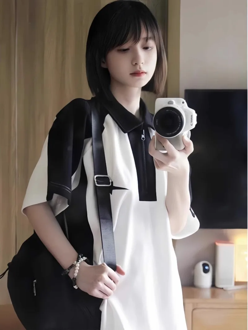 Simple All Match Turn Sown Collar Constrast Color Women Clothes Y2k Aesthetic Harajuku Punk Casual Tees Popular Preppy Style Top