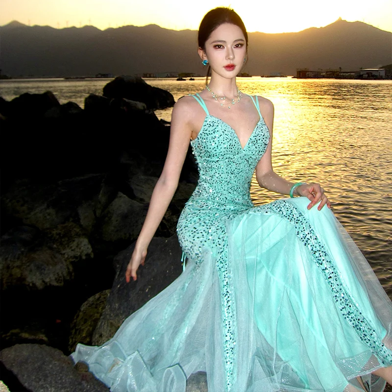 2026 French Vintage Sexy Sequin Dress Women's Strap Waist Cinched Fish Tail Gown Birthday Ball Gown Long Skirt