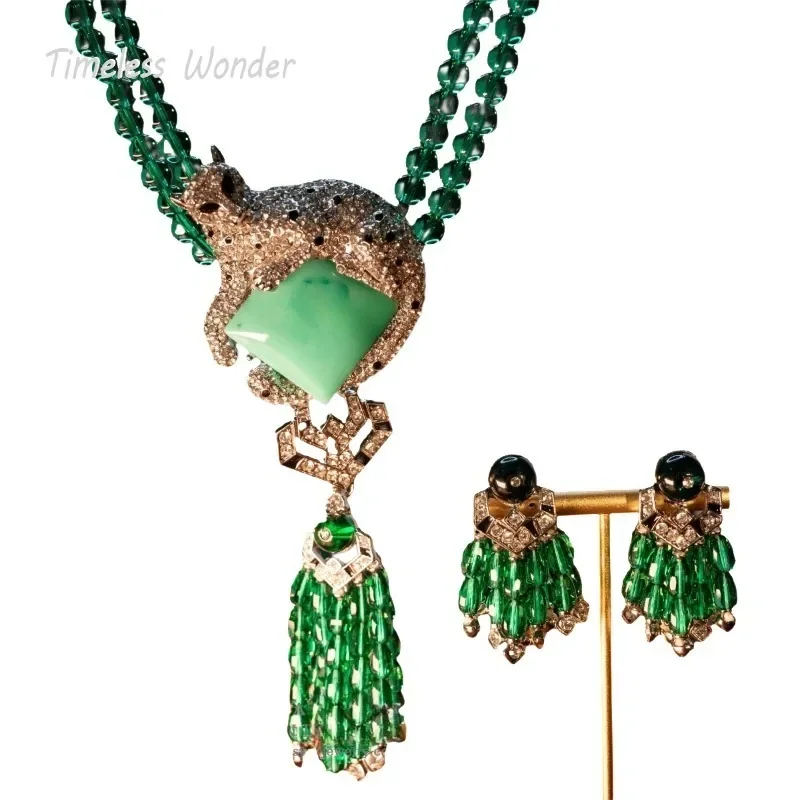 

Timeless Wonder Fancy Zircon Leopard Glass Beaded Pendant Necklace N Button Earrings Women Designer Jewelry Set Rare Retro 4612