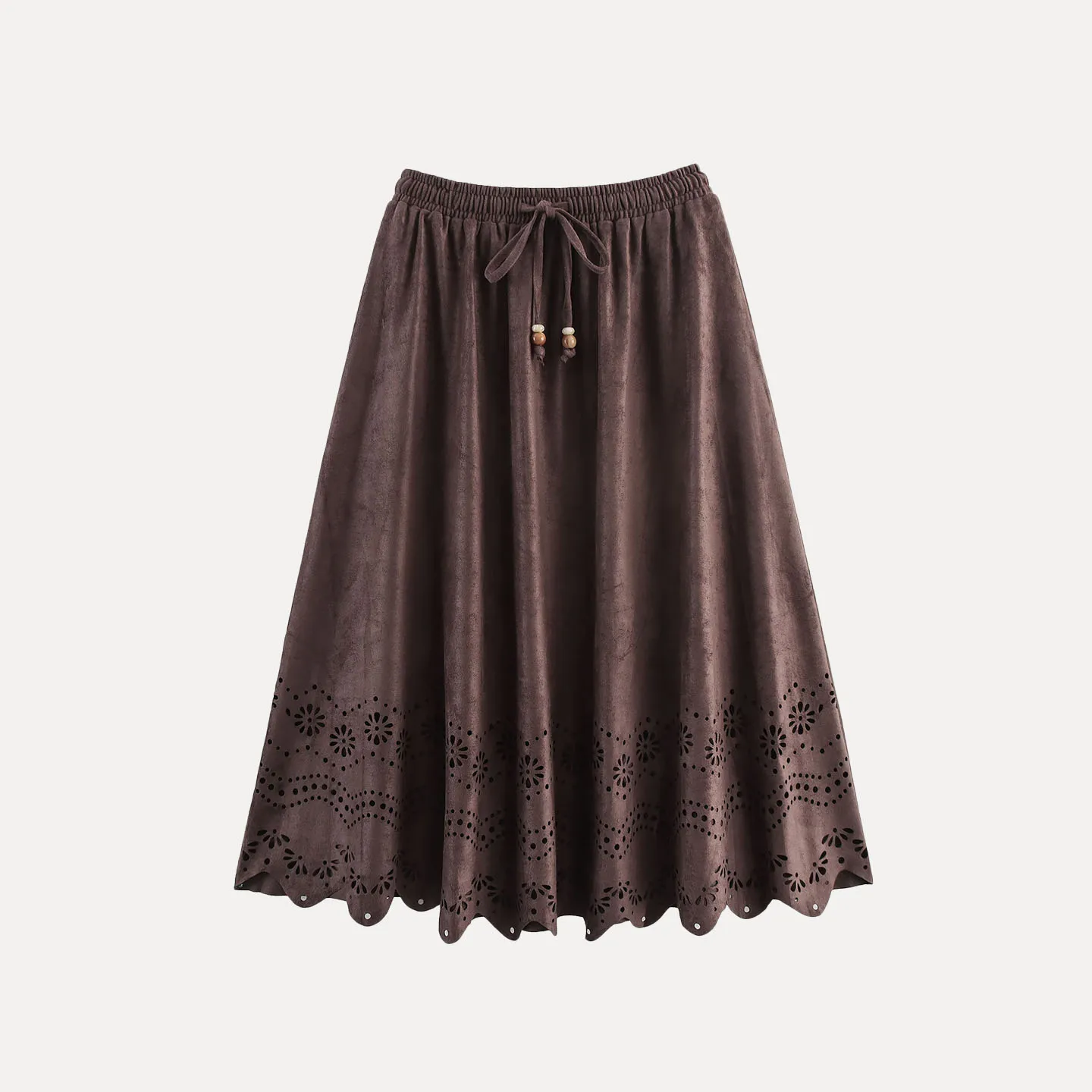 Retro Suede Laser Carved Floral Vaion Midi Skirt Women's Casual Sle mid Waist A-Line Stand Fit Autumn 2025 New Arrival