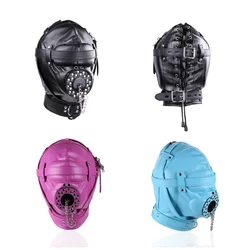 Black Fetish Cosplay Leather PU Full Face Mask Hood Punk Style Patent Leather Mask for Woman Man Halloween Party Mysterious Mask