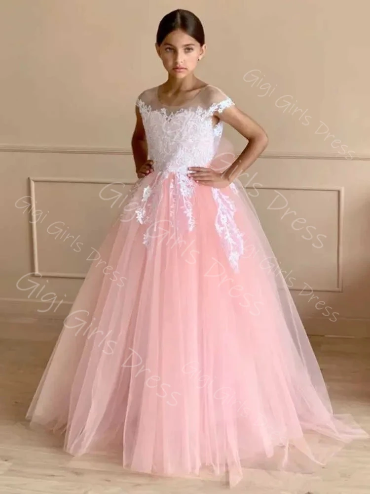 Vestido de fiesta personalizado para niñas, vestido de niña de flores con apliques de encaje blanco y lazo sin mangas, vestido de primera comunión para cumpleaños y boda