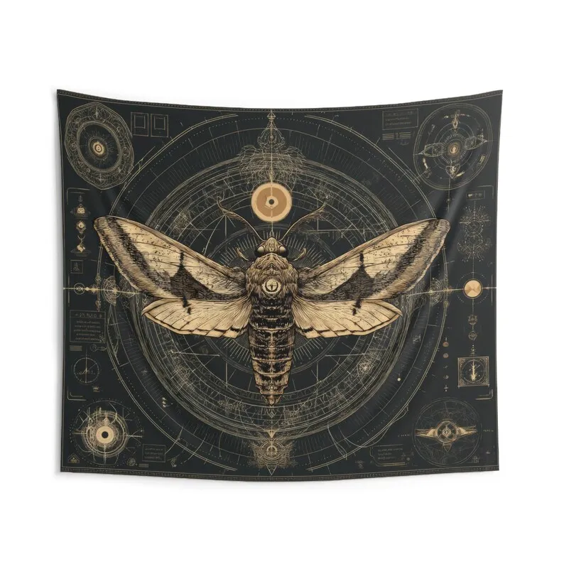 Cosmic Moth Sigil Tapestry, Esoteric Death's Head Moth Wall Hanging, Alchemical Insect Decor for Bedroom or Meditation Space