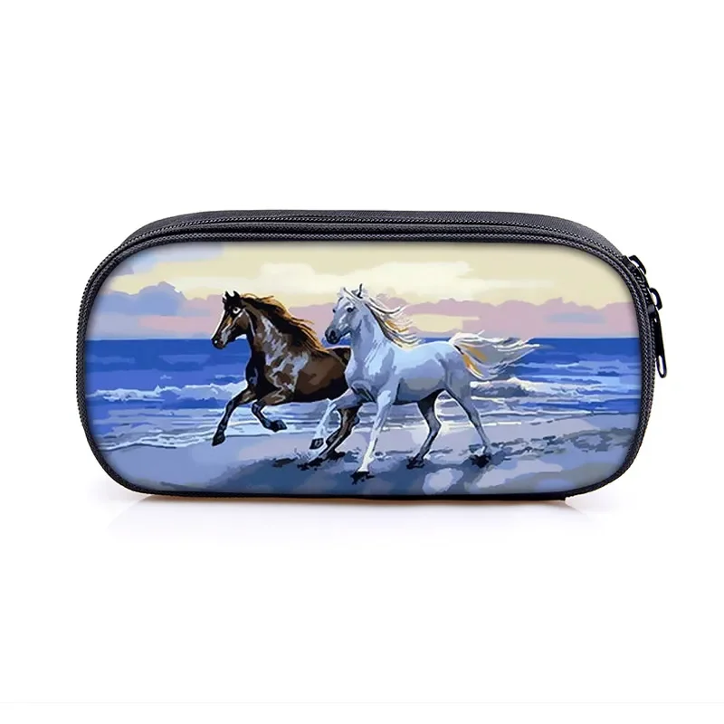 Ladies Cosmetic Bags For Young Boys Girls Pencil Case Children School Supplies Galloping Animal Black Horse Print  Pencil Bag