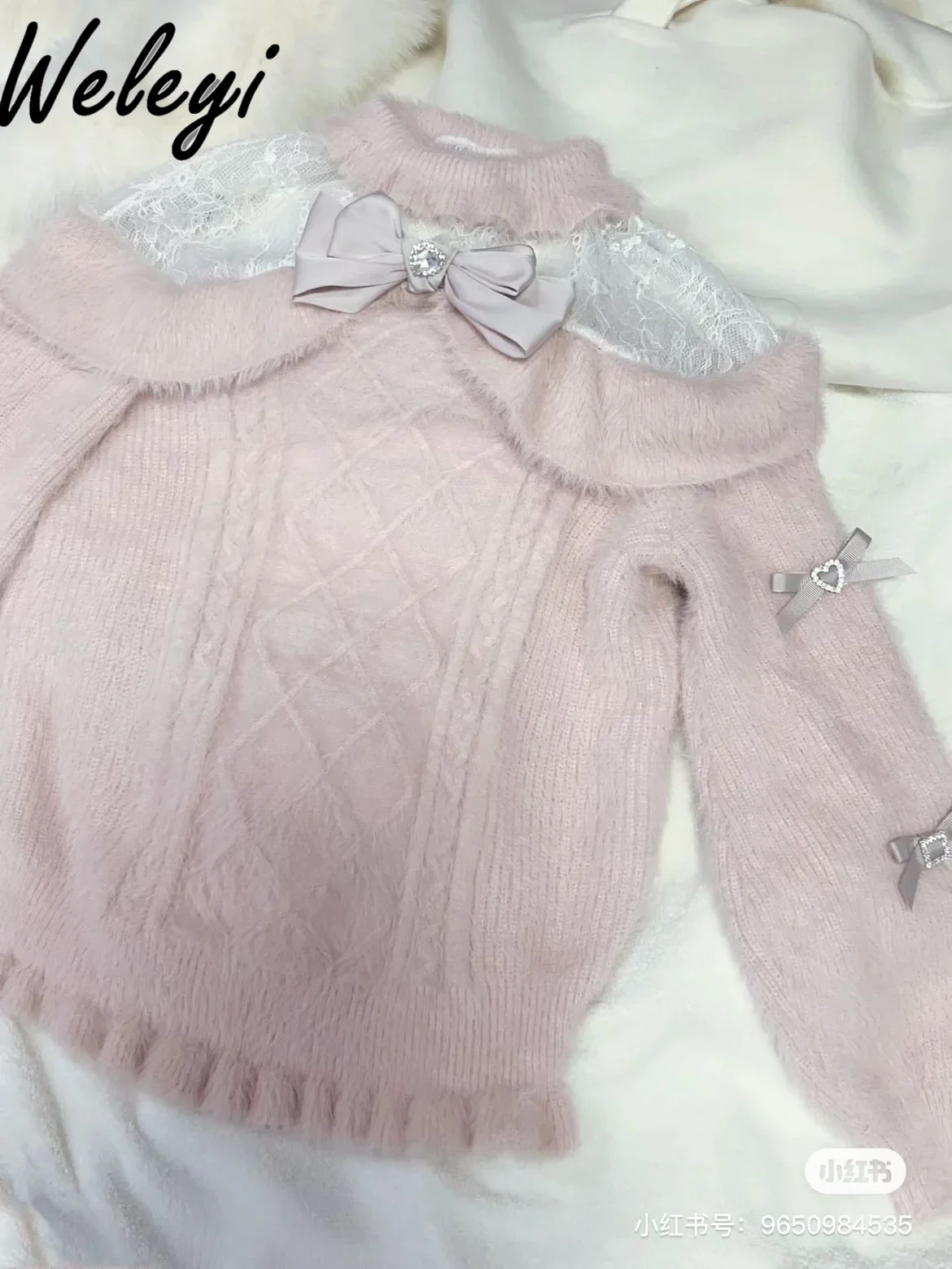 Sweet Bow Pink Sweater Ropa Mujer Autumn Winter Japanese Style Mass-produced Mine Cute Water Color System Lace Knitted Jumper