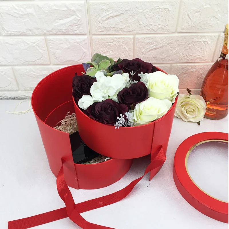 1Pc Round Gift Box Double Layers Rotating Flowers Bouquet Packaging Boxes with Clear Window Lid Wedding Party Supplies