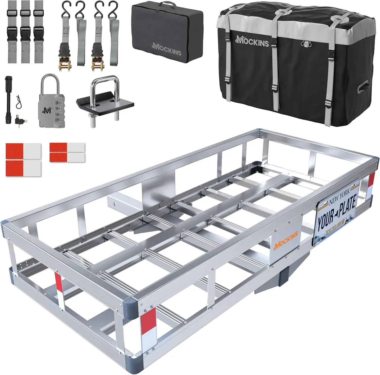 

Aluminum Hitch Cargo Carrier Waterproof Bag Basket Kit 500 Pound Capacity 20 Cubic Feet Fits 2 Inch Receivers Locks Stabilizer S