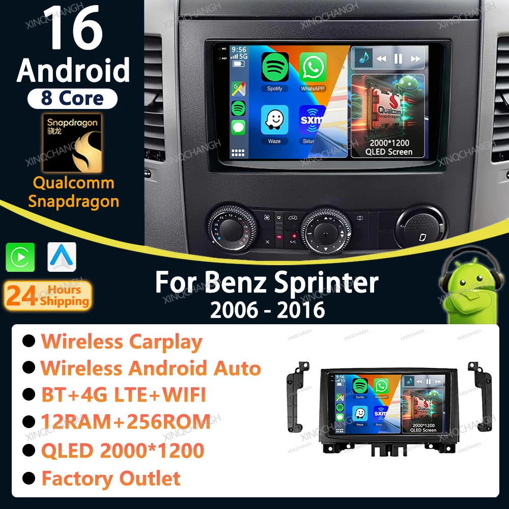 Android 16 Car Radio Carplay Auto For Benz Sprinter Volkswagen Crafter 2006 - 2016 Video Fascia Panel Player Accessories Audio