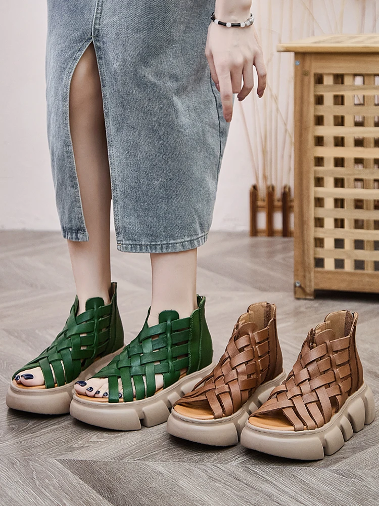 Handmade Thick Heel Roman Style Sandals High Heel Short Boots Genuine Leather Upper Women's Shoes for Summer Fashion Trend