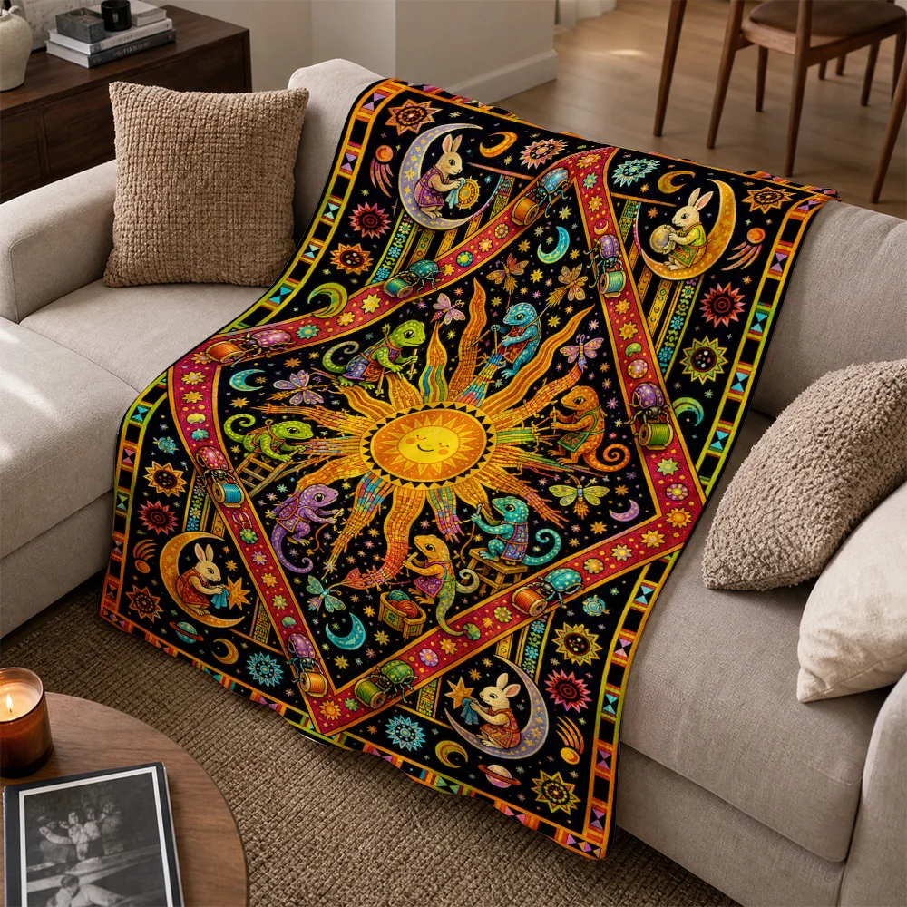 Vibrant Boho Zodiac Mandala Throw Blanket Sofa Decor Celestial Witchy Crystal Astrology Cozy Hippie Festival