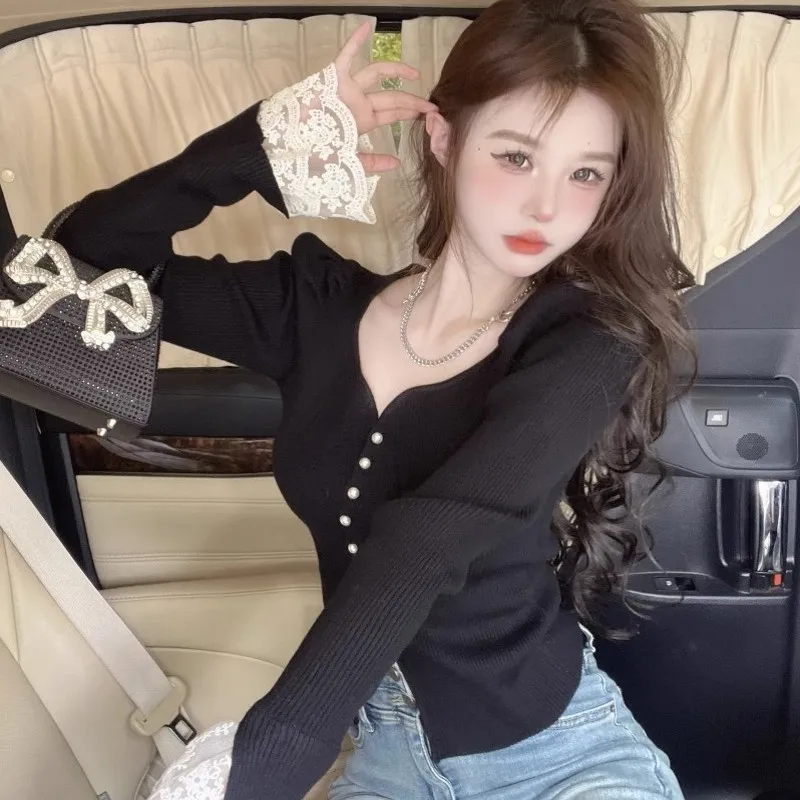 เสื้อสเวตเตอร์ถักลูกไม้ผู้หญิง ดีไซน์ฤดูใบไม้ผลิ-ฤดูใบไม้ร่วง ทรงบับเบิ้ล คอวี ติดกระดุม คาร์ดิแกนทรงเข้ารูป ใส่เป็นเสื้อตัวในได้