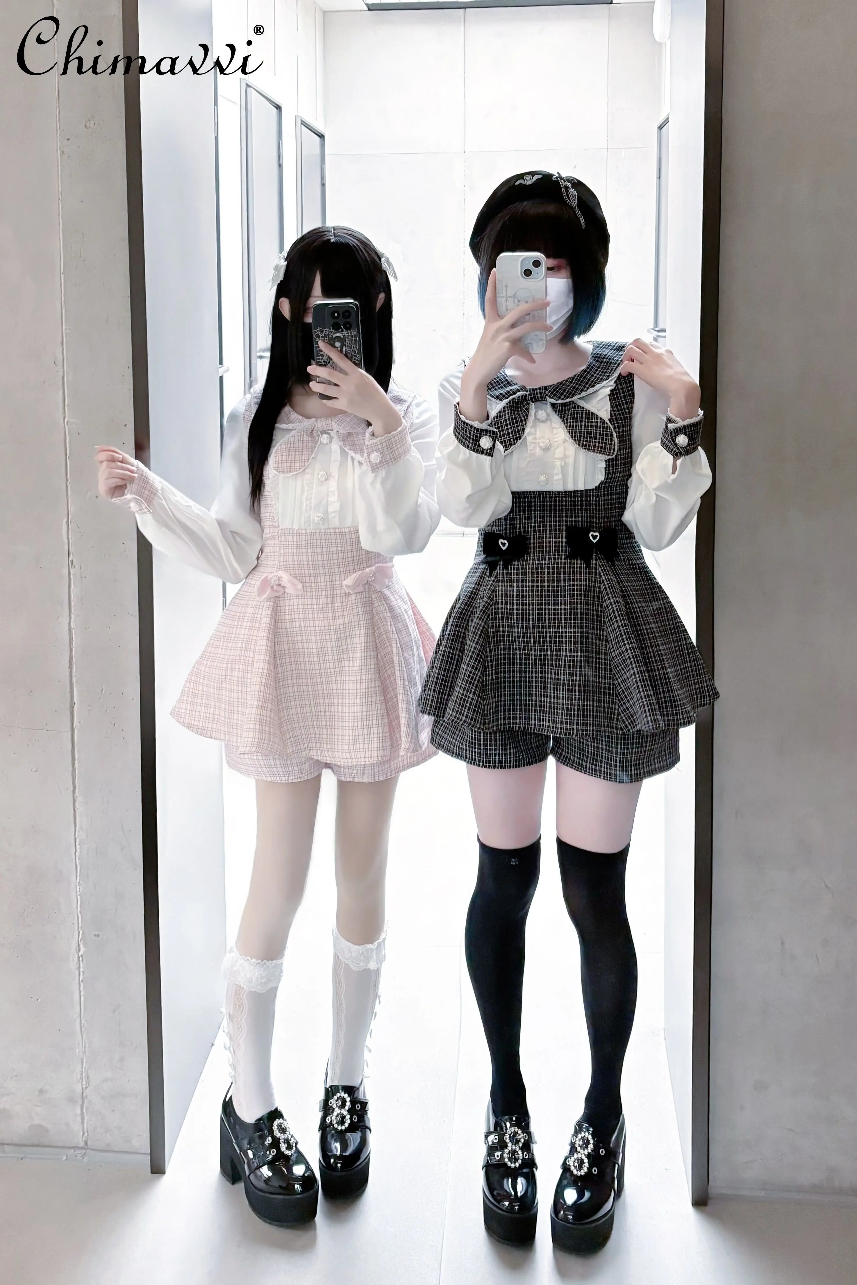 

Original Japanese Style Sweet Long Sleeve Cute Bow Dress Set Girl Color-Block Slim Dress Shorts Elegant Lolita Two-Piece Set