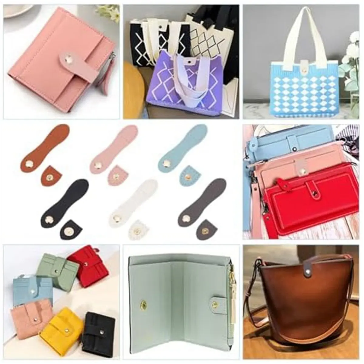 AB06 6 Colors PU Leather Purse Sew on Snap Buckle, 12 Sets Sew on PU Leather Tab Closures Buckles Bag Sew on Snap Closure