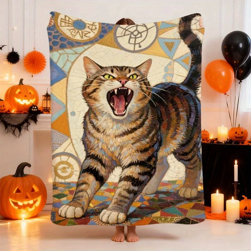 1pc Mosaic Style Roaring Colorful Texture Art Flannel Blanket, Lightweight and Easy to Lay, Wrinkle-Resistant Material for Long