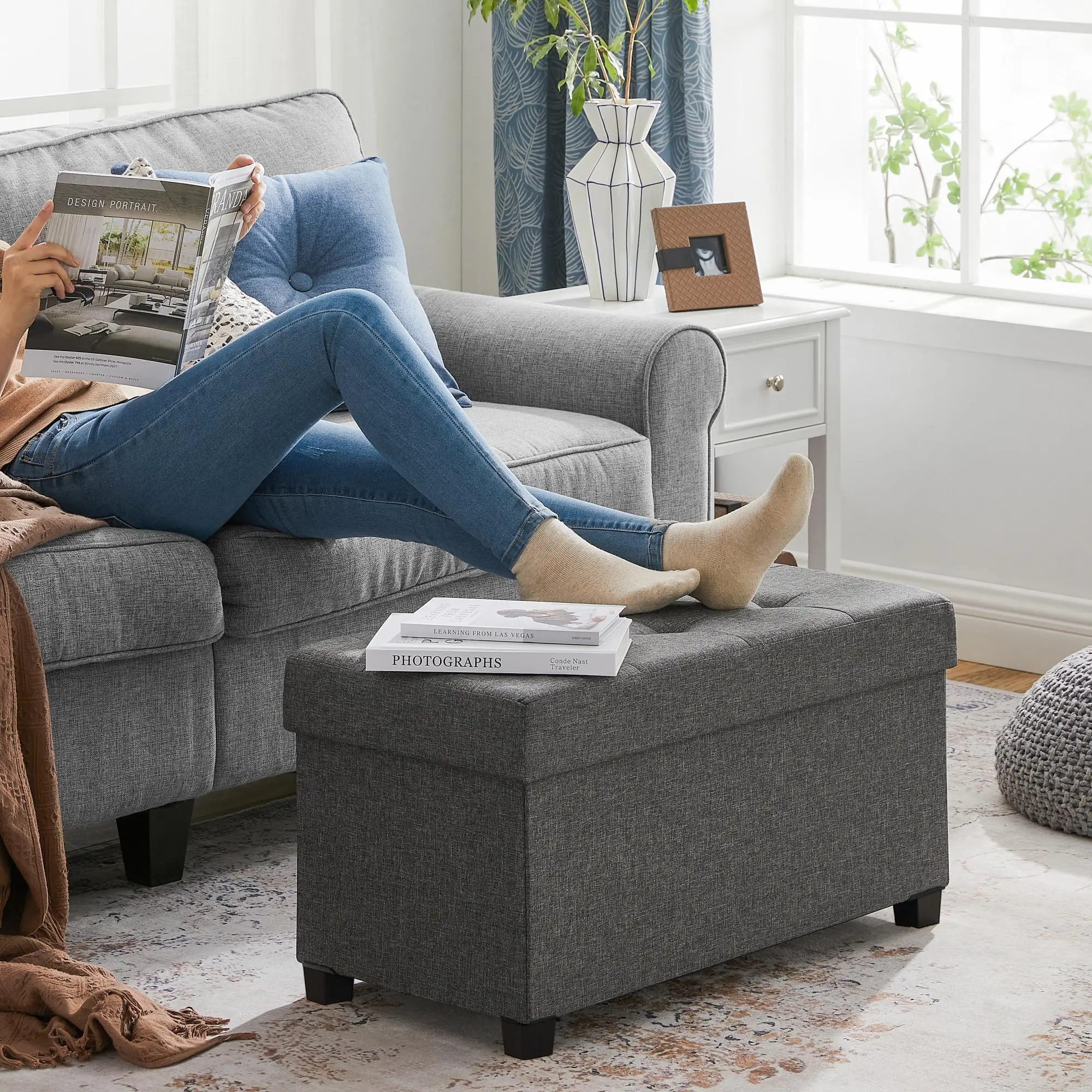 SONGMICS opbergpoef, slaapkamerbank met opbergruimte, voetenbank, 15 x 30 x 15,7 inch, leigrijs ULSF16GYZ