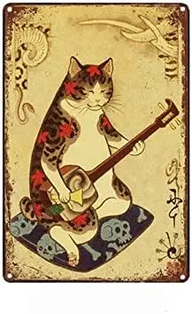 Japanese Samurai Cat Tattoo Vintage Retro Style Pin Up Girl Sexy Garage Car Metal Sign Tin Wall Door Plaque 12x8 Inch