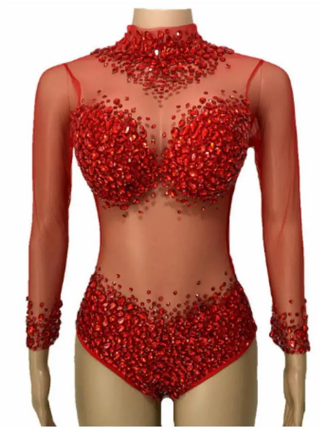 Sexy Mesh Transparent Stones Bodysuit Birthday Party Outfit Rhinestones Rompers Women Singer Team Dance Pink White Blue Costume