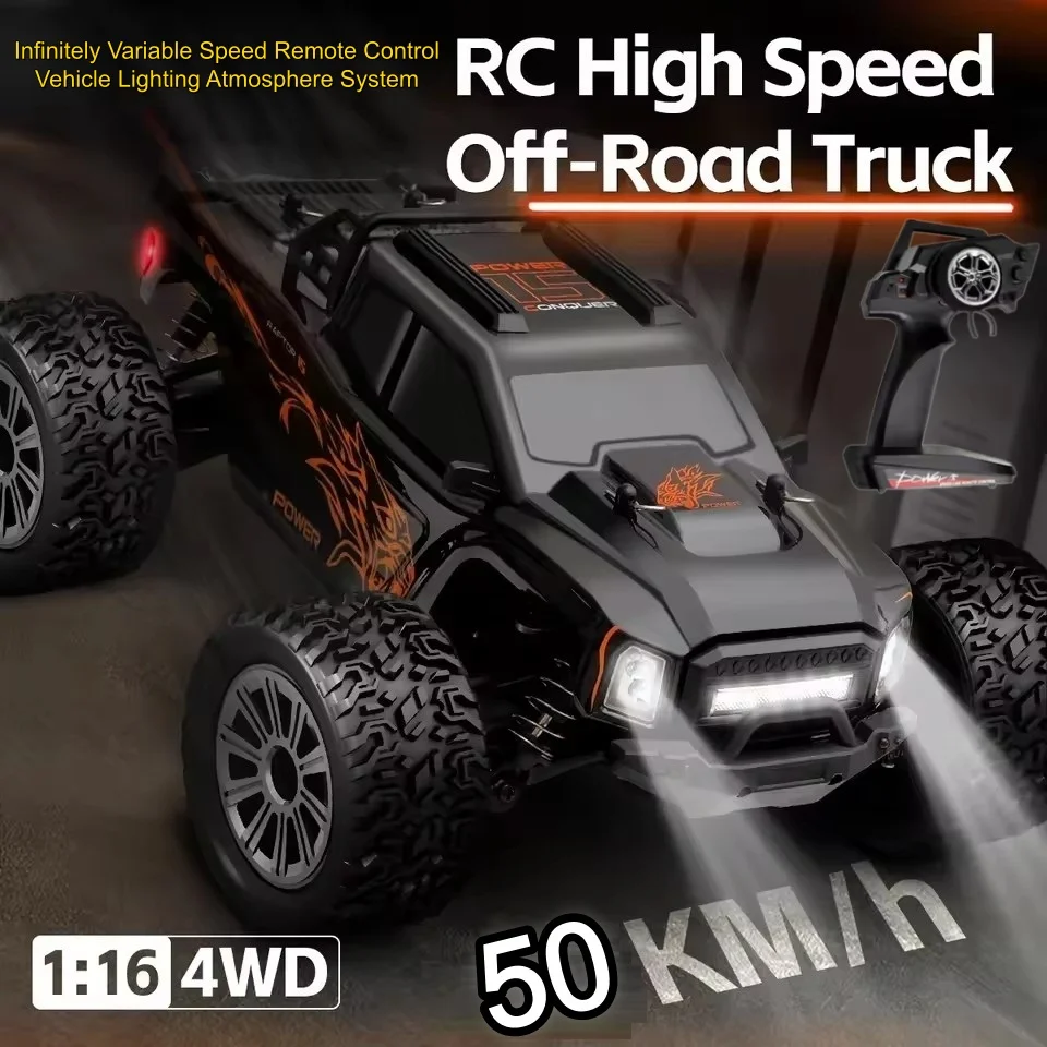 

Радиоуправляемая машинка 1/16 4WD для бездорожья, скорость 50 км/ч, с подсветкой и атмосферной системой, бесступенчатая регулировка скорости, 2.4G, на пульте управления