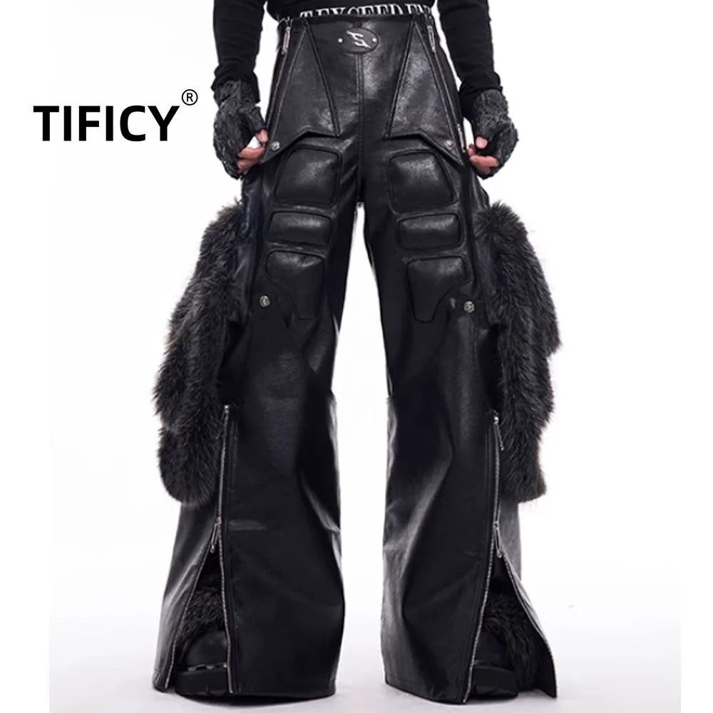 High Street Detachable Leg Structure Design Fur Splicing PU Leather Pants Men's Autumn and Winter Wide Leg Streetwear Pants