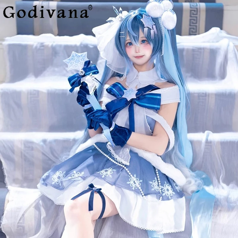

Halloween Party Outfits for Women Winter Lolita Cosplay Costume Hairwear Prop Skirt Set Girls Blue Color Uniform Suits