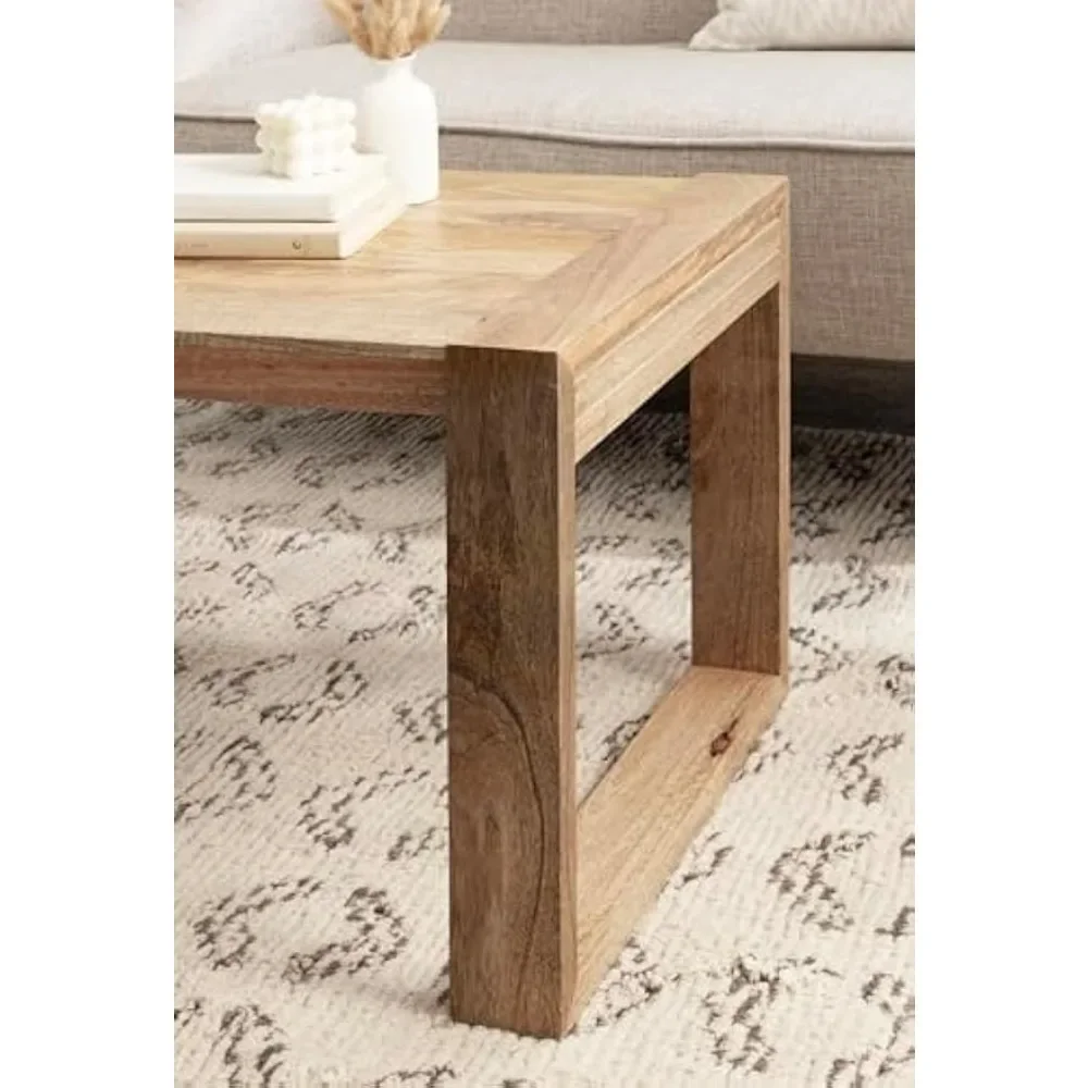 Mesa de centro rectangular geométrica con diseño de madera de Mango macizo grueso y parte superior de losa de madera, mesa auxiliar Natural, 36x20x18