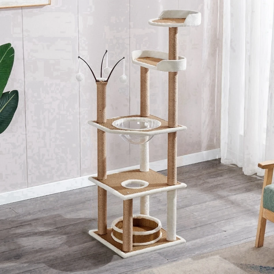 

4 Layer Wooden Cat Tree House Space Cat Bed Rattan Mat climbing frame Cat Tower Sisal Rope Cat Scratching Posts Pet Cats Condo